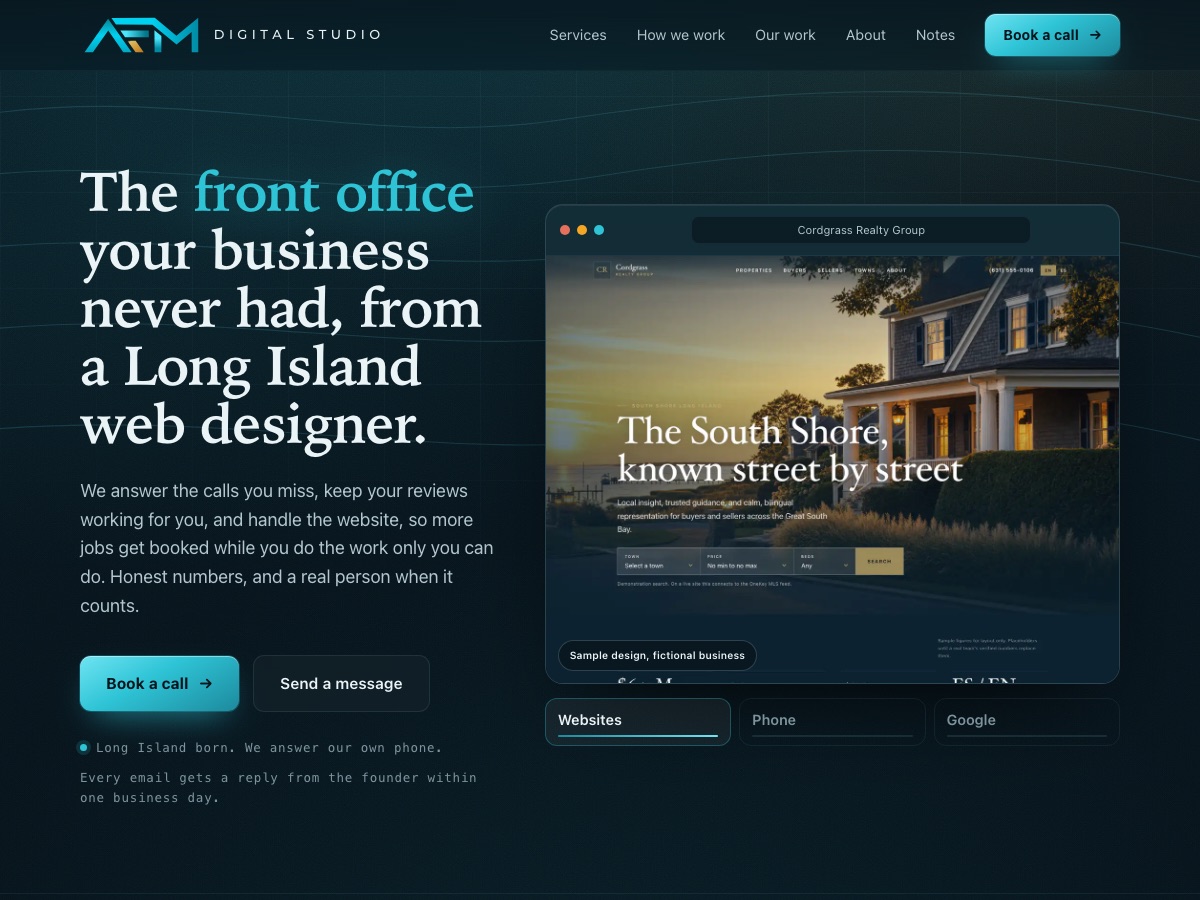 The afmdigitalstudio.com home page on a desktop screen, with the Book a call button and a sample of the AI phone answering