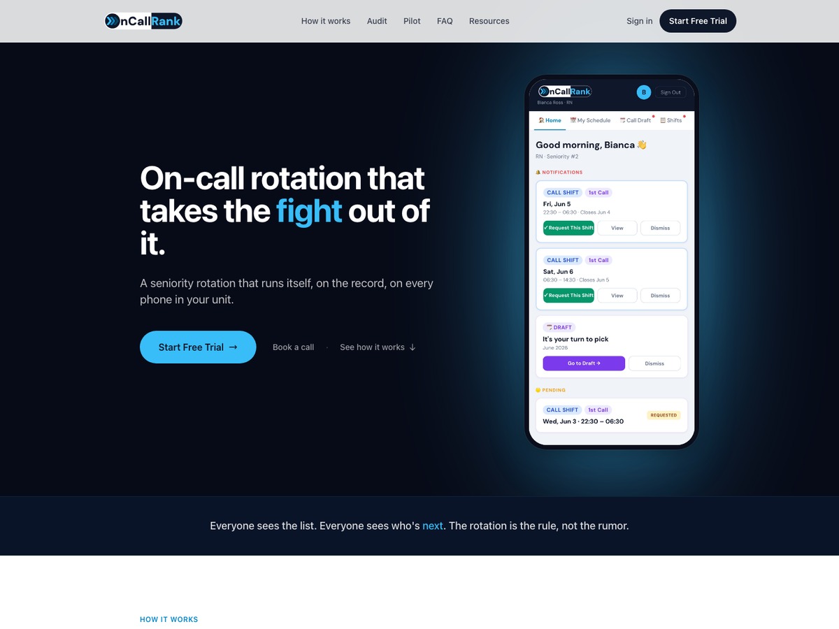 The oncallrank.com home page on a desktop screen: the headline On-call rotation that takes the fight out of it, beside the app on a phone