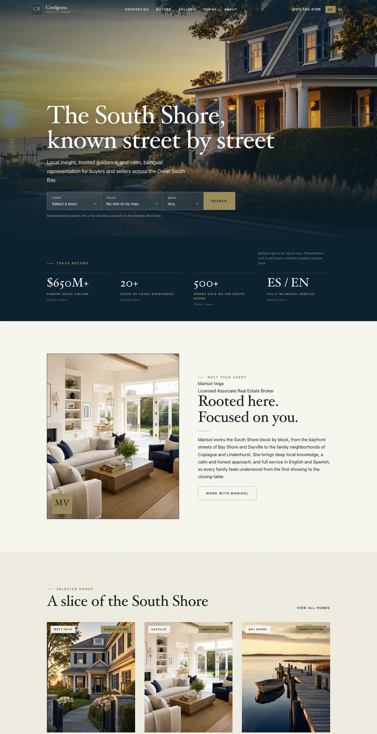 Home page of Cordgrass Realty Group, a sample real estate website AFM designed for a fictional business
