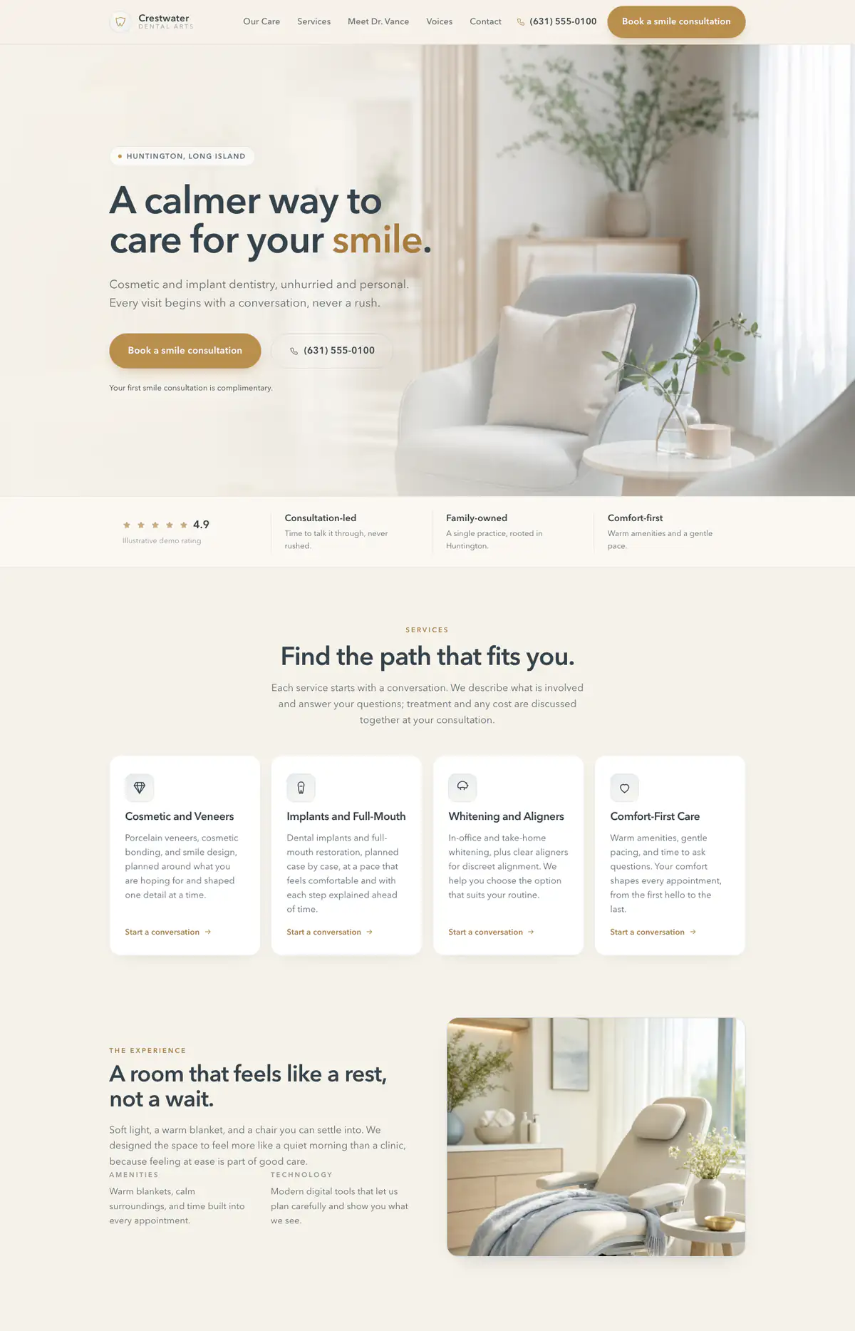 Home page of Crestwater Dental Arts, a sample dental website AFM designed for a fictional practice