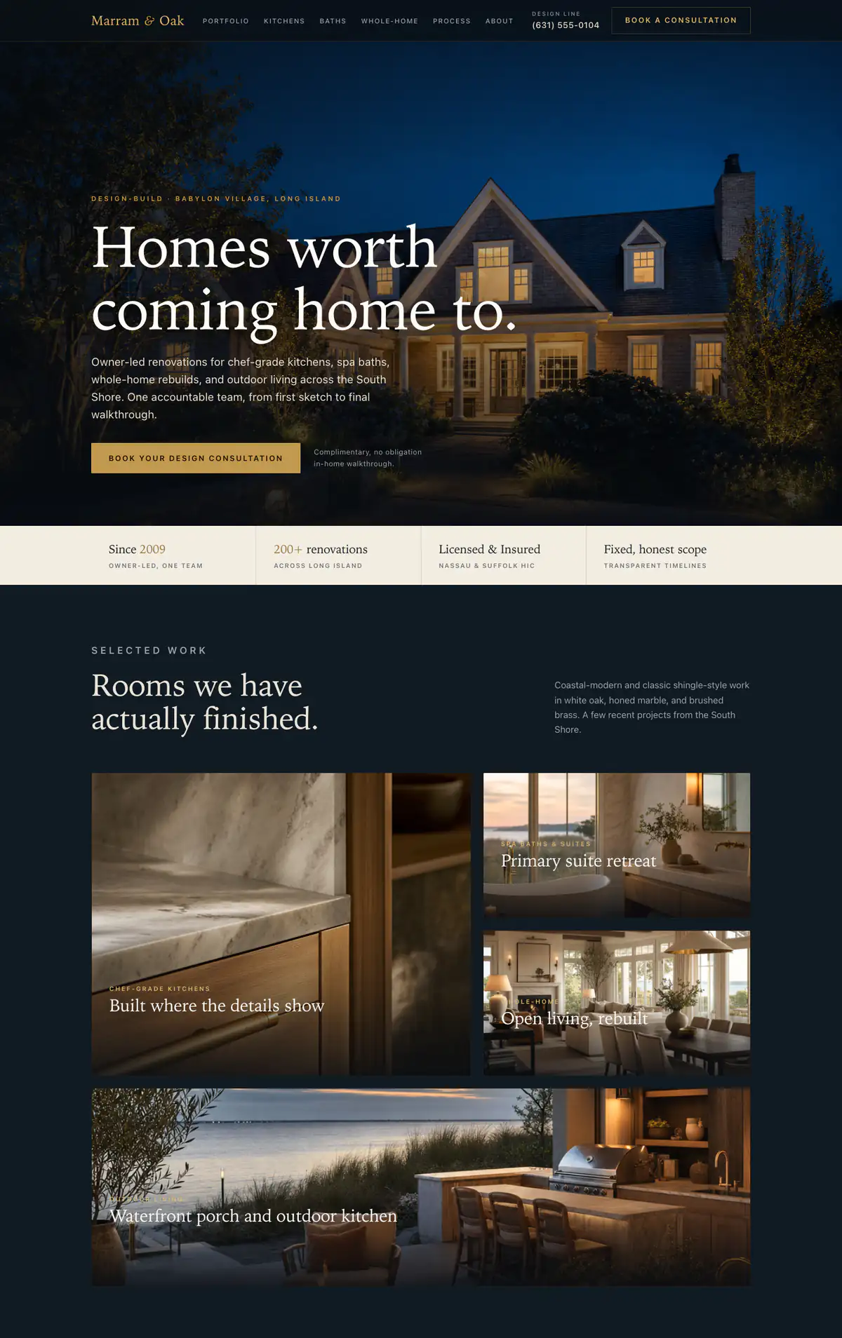 Home page of Marram and Oak Design Build, a sample remodeling website AFM designed for a fictional business
