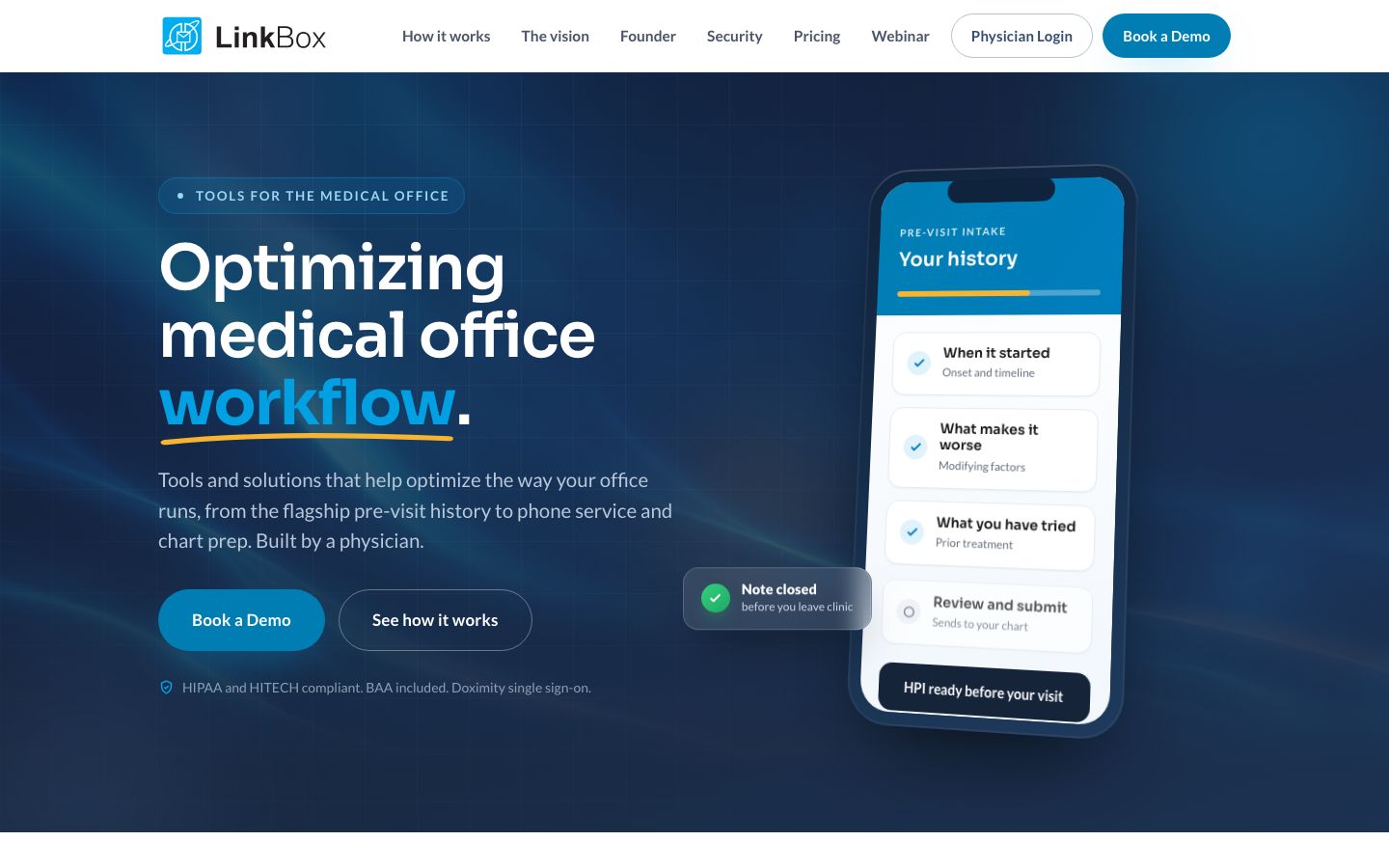 The LinkBox home page on a desktop screen: the headline Optimizing medical office workflow beside a phone showing the pre-visit history steps