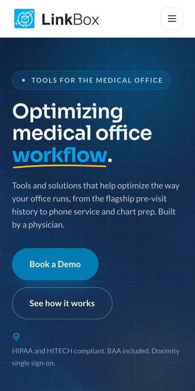 The same LinkBox home page on a phone, with the headline and the Book a Demo button