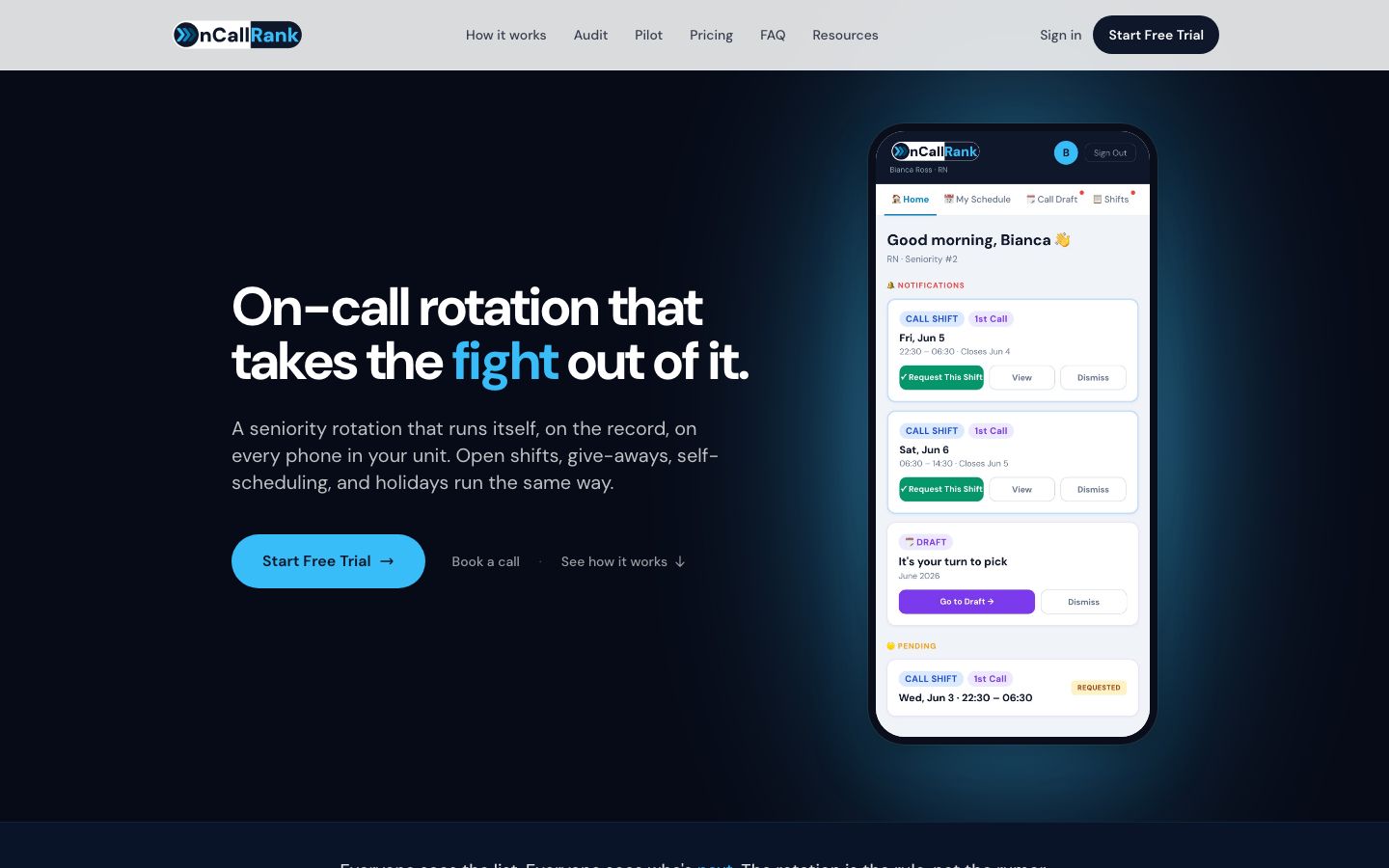The OnCallRank home page on a desktop screen: the headline On-call rotation that takes the fight out of it, beside the app open on a phone