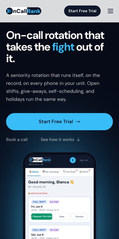 The same OnCallRank home page on a phone, with the Start Free Trial button